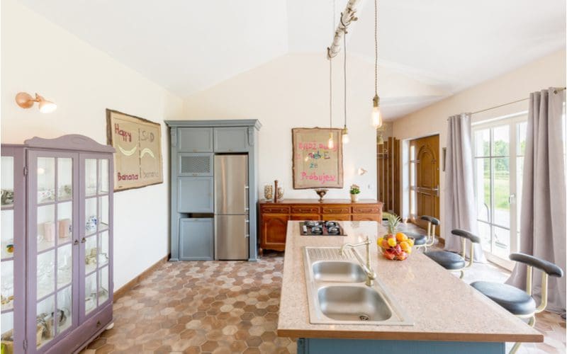Southwestern Style Kitchen with White Granite Kitchen Countertops