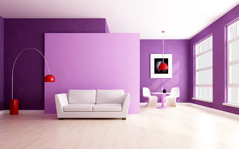 Scarlet red lamps with lavander wall