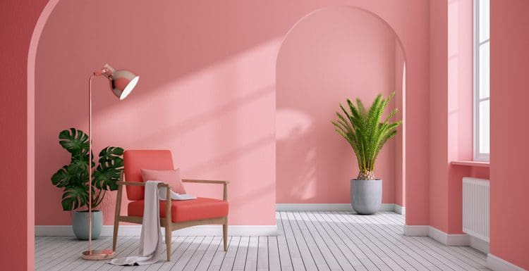 Pink room showing popular colors that go with pink featuring red, brown, grey, and green