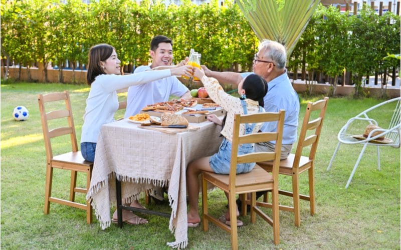 Asian family at a standard sized picnic table