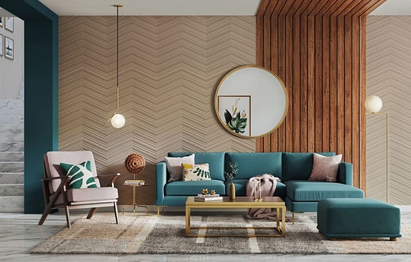 Turquise sofa combined with wood panels wall