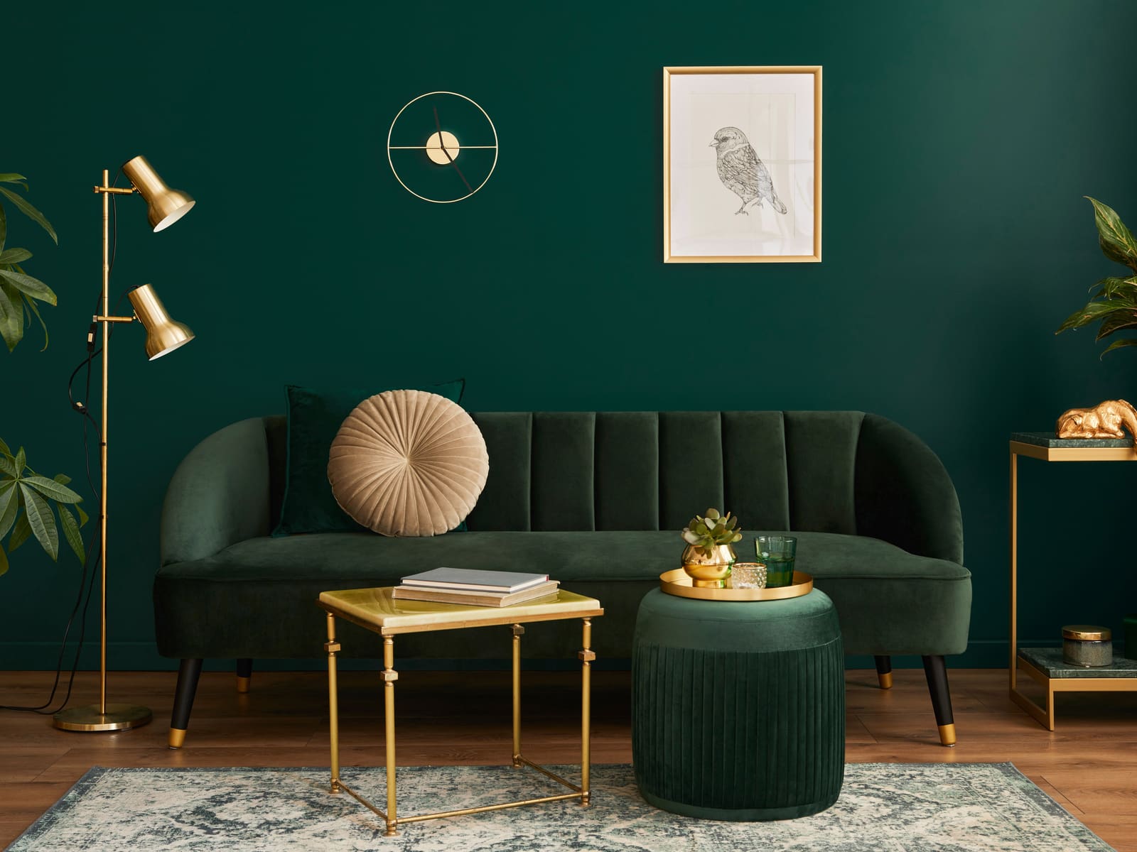 Luxury living room pictured for a piece titled What Color Goes With Forest Green