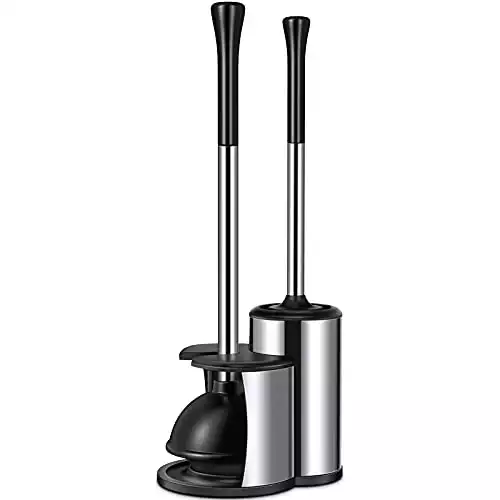 Modern Silver Toilet Plunger and Brush Set