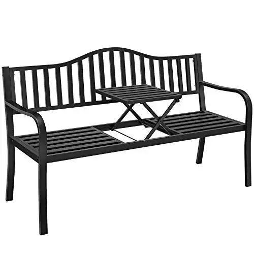 Yaheetech Garden Bench with Pullout Middle Table, Double Seat Steel Bench
