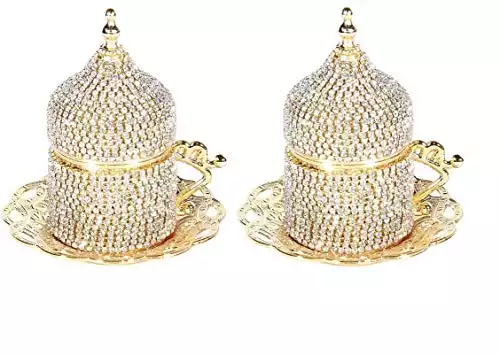 2 count Gold Turkish Coffee Cup Set Saucers Holders