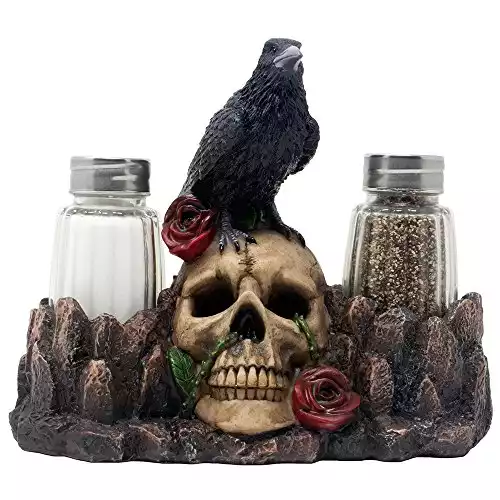 Bone Chilling Raven on Human Skull Salt and Pepper Shaker Set