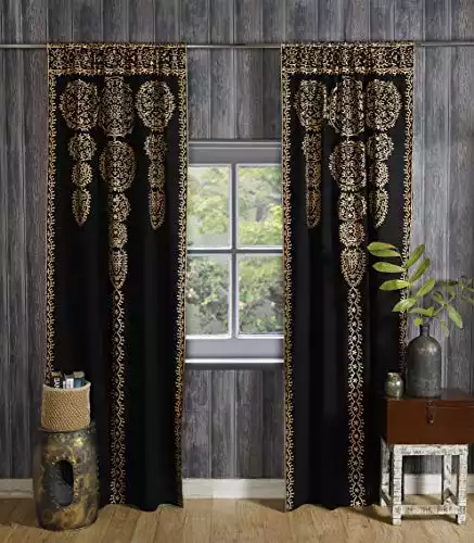 Black Gold Moroccan Medallion Floral Ombre Mandala Curtains