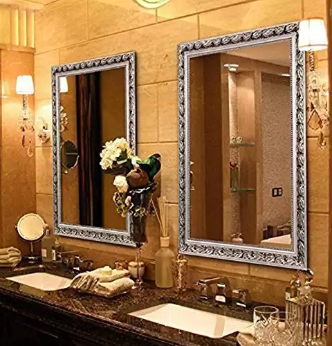Large Rectangular Bathroom Mirror, Wall-Mounted Wooden Frame Vanity Mirror