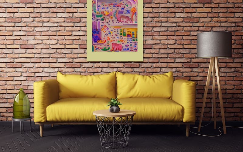 Yellow sofa inside living room with brown brick wall and gray lamp