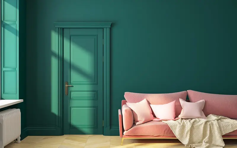 Dark green walls and light pink sofa