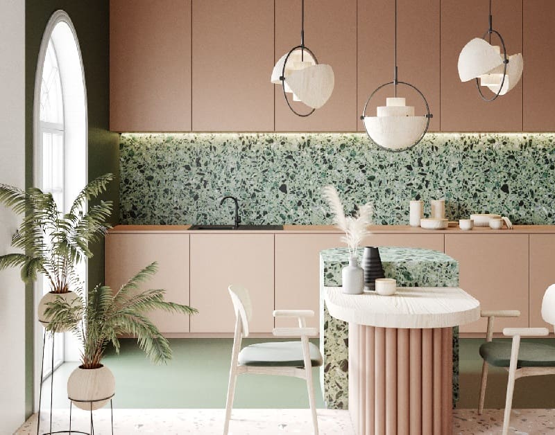 Sage green is trending in interior design, and it matches perfectly with light peach shades