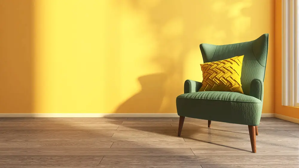 Mustard yellow wall with a green chair with brown legs for a piece on colors that go with mustard yellow