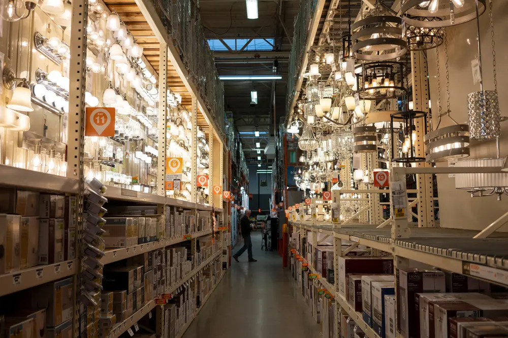 Various types of light bulbs and light fixtures in a home depot lighting aisle