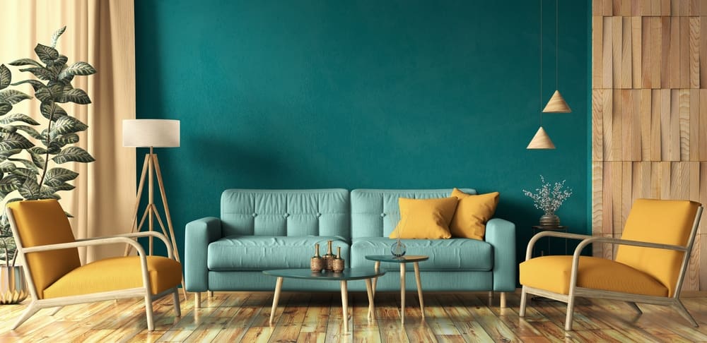 Turquoise sofa and light brown and yellow furniture, great colors that go with turquoise