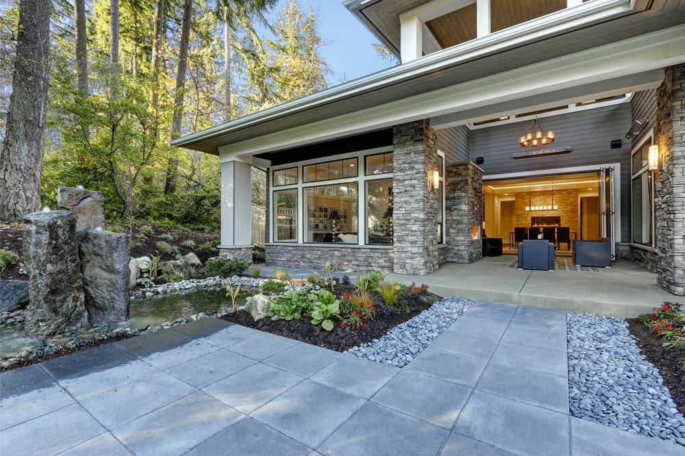 Flat slate, one of the most popular types of exterior house stone, as seen on a home in the Northwest