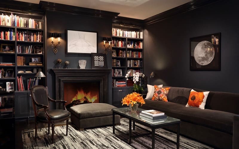 burnt orange and black living room design