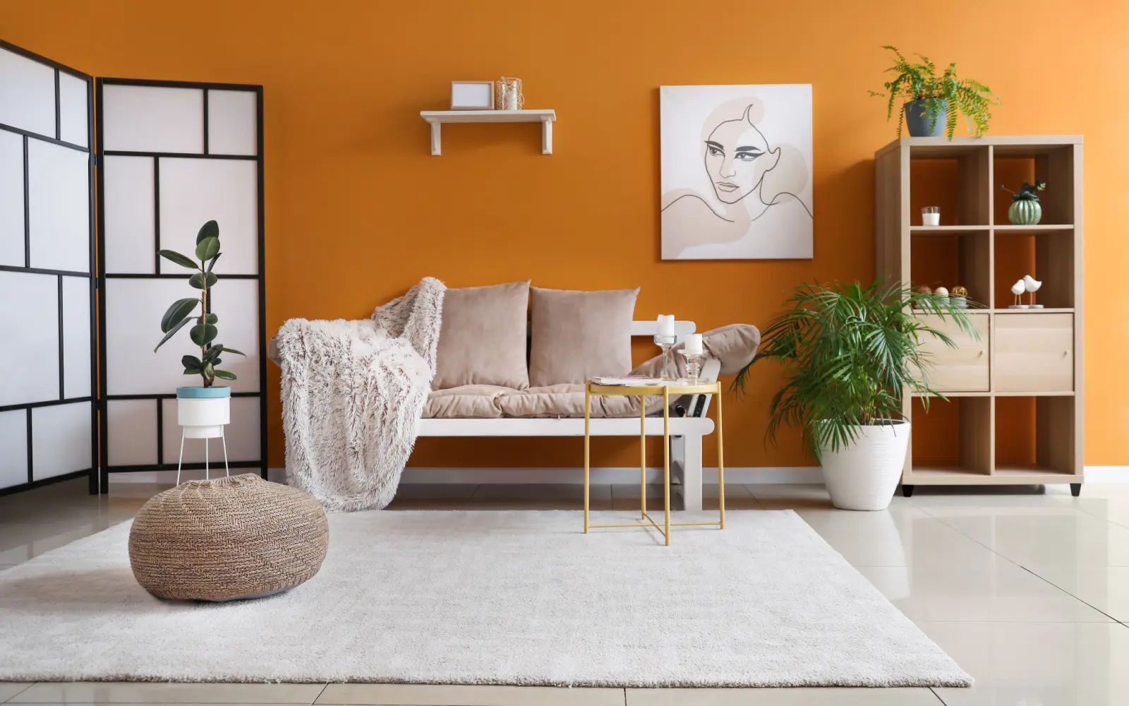 Burnt orange walls with decorations in several colors that go with it in a living room