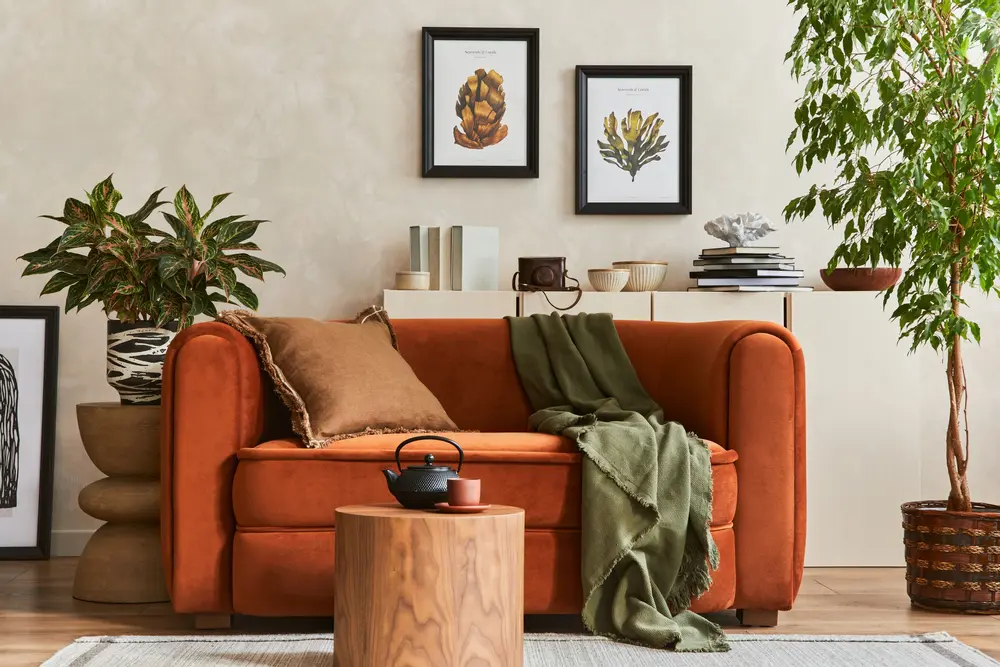 room filled with some of the best colors that go with burnt orange in a living room featuring brown and grey