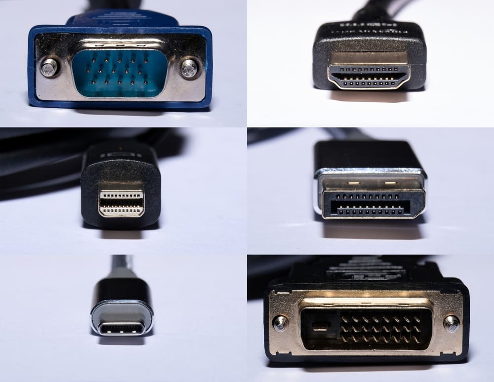 Closeup of many types of video connectors stacked in a brady bunch-style image