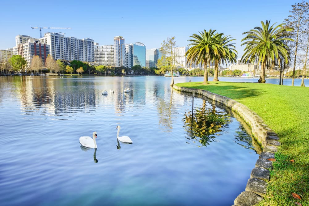 View of a stunning lake in one of the best places to live in Florida, downtown Orlando