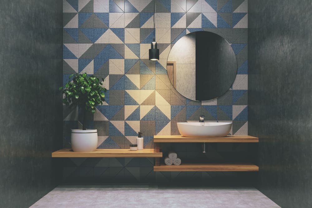 Cool bathroom with some of the coolest types of bathroom tile including mosaic and large ceramic tile in various colors