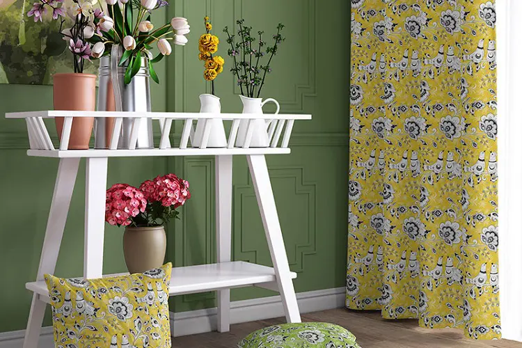 Green Bathroom wall with buttercup yellow curtains