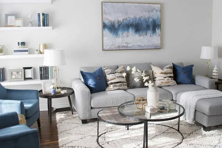 Living room with royal blue and gray tones