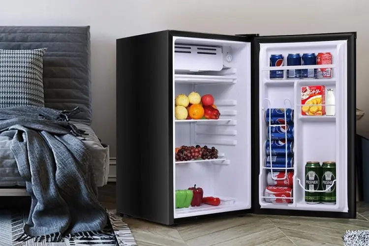 Living room with small fridge