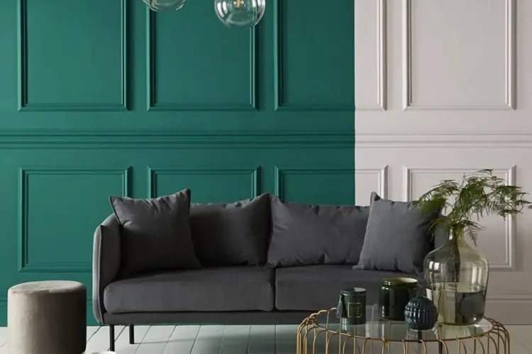 Emerald Green Wall with Gray Sofa